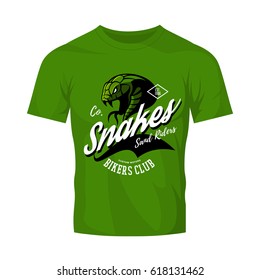 Vintage American furious snake bikers club tee print vector design isolated on green t-shirt mockup. Street wear t-shirt emblem. Premium quality wild animal superior logo concept illustration.