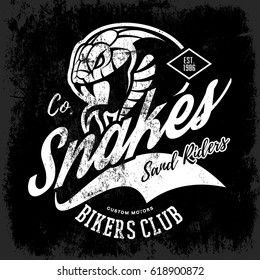 Vintage American furious snake bikers club tee print vector design. Street wear t-shirt emblem. Premium quality wild animal superior logo concept illustration.