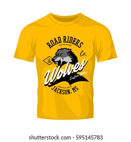 Vintage American furious wolf bikers club tee print vector design isolated on yellow t-shirt mockup. Jackson street wear t-shirt emblem. Premium quality wild animal superior logo concept illustration.