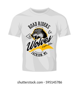 Vintage American furious wolf bikers club tee print vector design isolated on white t-shirt mockup. Jackson street wear t-shirt emblem. Premium quality wild animal superior logo concept illustration.