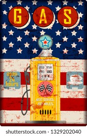 Vintage american gas station metal sign,stars and stripes, gas pump. retro style vector