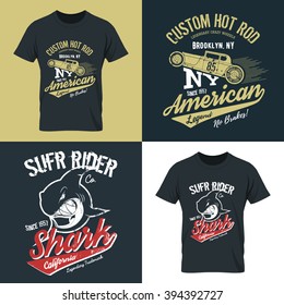 Vintage American hot rod old grunge effect tee print vector design illustration. Premium quality superior shark retro logo concept. NY car shabby t-shirt mock up.