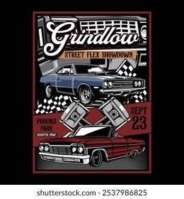 Vintage American Lowriders Car, Skull, Piston, Red Roses, and Race flag Poster Vector Illustration for poster, flyer, social media, web pages, print media, greeting card, invitation, banner