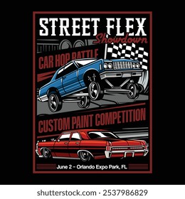 Vintage American Lowriders Car, Skull, Piston, Red Roses, and Race flag Poster Vector Illustration for poster, flyer, social media, web pages, print media, greeting card, invitation, banner