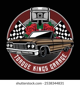 Vintage American Lowriders Car, Skull, Piston, Red Roses, and Race flag Poster in Vector Illustration for flyer, social media, web pages, print media, greeting card, invitation, banner