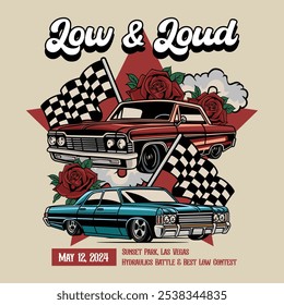 Vintage American Lowriders Carro, Caveira, Pistão, Rosas Vermelhas, e bandeira de Raça Pôster em Vetor Ilustração para folheto, mídias sociais, páginas da web, mídia impressa, cartão de saudação, convite, banner