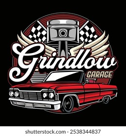 Vintage American Lowriders Car, Skull, Piston, Red Roses, und Race Flag Poster in Vektorgrafik für Flyer, Social Media, Webseiten, Printmedien, Grußkarte, Einladung, Banner