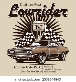 Vintage American Lowriders Car, Skull, Piston, Red Roses, and Race flag Poster in Vector Illustration for flyer, social media, web pages, print media, greeting card, invitation, banner