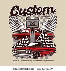 Vintage American Lowriders Car, Skull, Piston, Red Roses, and Race flag Poster in Vector Illustration for flyer, social media, web pages, print media, greeting card, invitation, banner