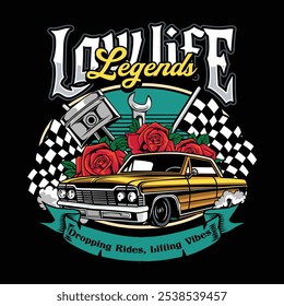 Vintage American Lowriders Car, Skull, Piston, Red Roses, and Race flag Poster in Vector Illustration for flyer, social media, web pages, print media, greeting card, invitation, banner