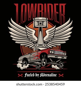 Vintage American Lowriders Car, Skull, Piston, Red Roses, and Race flag Poster in Vector Illustration for flyer, social media, web pages, print media, greeting card, invitation, banner