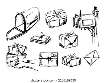 Vintage American mailbox, parcels, letters, postal service in sketch style. Mail delivery. Hand-drawn vector illustration.