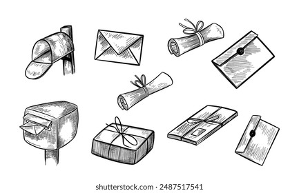 Buzón de correo americano de Antiguas, paquetes, cartas, servicio postal en estilo boceto. Entrega de correo. Ilustración vectorial dibujada a mano.