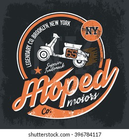 Vintage American moped old grunge effect tee print vector design illustration. Premium quality superior retro scooter logo concept. NY shabby t-shirt emblem.