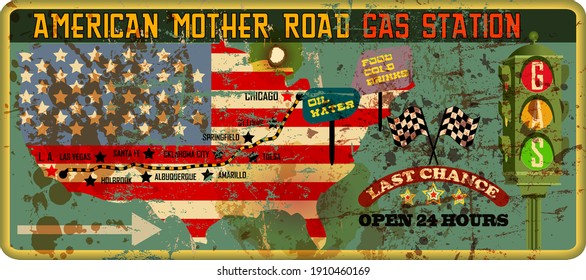 Vintage American mother road diner and cafe sign, retro grungy vector illustration