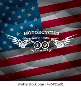 vintage american motorcycle club label or badge on usa flag, design element. abstract motorcycle logo with wings