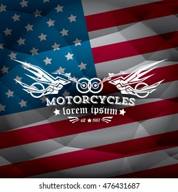 vintage american motorcycle club label or badge on usa flag, design element. abstract motorcycle logo with wings