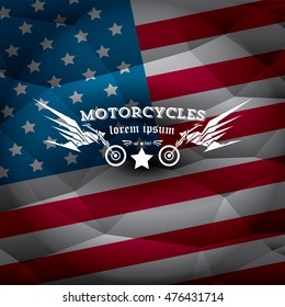 vintage american motorcycle club label or badge on usa flag, design element. abstract motorcycle logo with wings