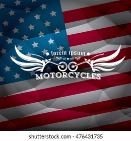 vintage american motorcycle club label or badge on usa flag, design element. abstract motorcycle logo with wings