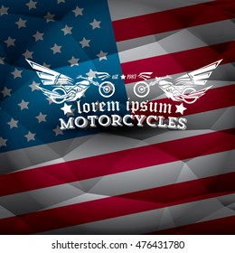 vintage american motorcycle club label or badge on usa flag, design element. abstract motorcycle logo with wings