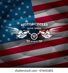 vintage american motorcycle club label or badge on usa flag, design element. abstract motorcycle logo with wings