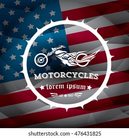 vintage american motorcycle club label or badge on usa flag, design element. abstract motorcycle logo with wings