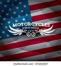 vintage american motorcycle club label or badge on usa flag, design element. abstract motorcycle logo with wings