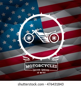 vintage american motorcycle club label or badge on usa flag, design element. abstract motorcycle logo with wings
