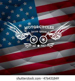 vintage american motorcycle club label or badge on usa flag, design element. abstract motorcycle logo with wings