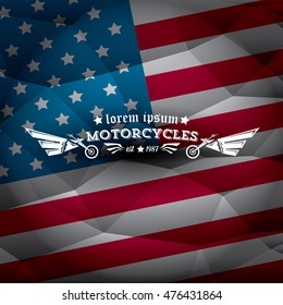 vintage american motorcycle club label or badge on usa flag, design element. abstract motorcycle logo with wings