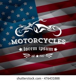 vintage american motorcycle club label or badge on usa flag, design element. abstract motorcycle logo with wings