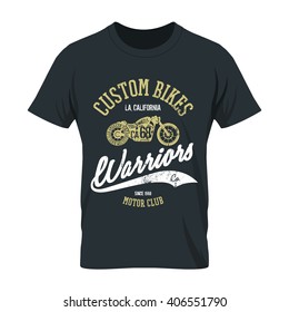 Vintage american motorcycle old grunge effect tee print vector design. Premium quality superior bike retro logo concept. Motor club shabby t-shirt emblem.