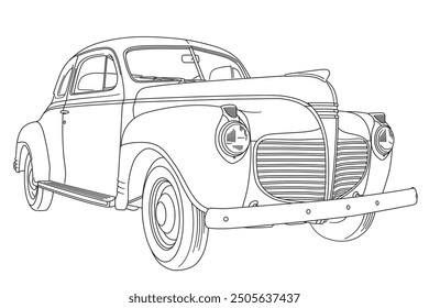 Vintage american muscle car from the 1940s low angle frontal view line art vector illustration