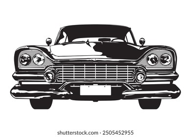 Vintage american muscle car from the 1950s low angle frontal view silhouette vector illustration