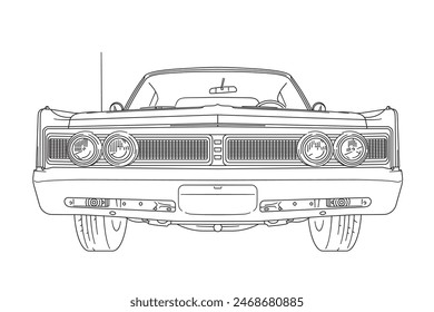 Vintage american muscle car from the 1960s low angle frontal view line art vector illustration