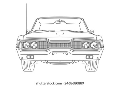 Vintage american muscle car from the 1960s low angle frontal view line art vector illustration