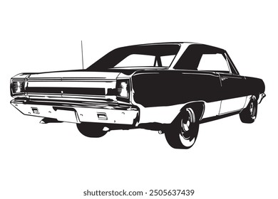 Vintage american muscle car from the 1960s low angle rear right view silhouette vector illustration