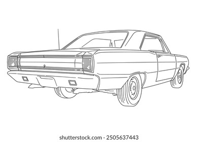 Vintage american muscle car from the 1960s low angle rear right view line art vector illustration