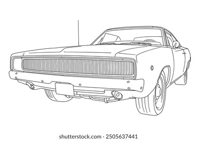 Antiguas American Muscle Car de 1968 Ilustración vectorial de arte de línea de vista frontal izquierda de ángulo bajo