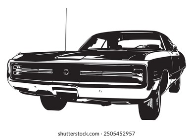 Vintage american muscle car from the 1970s low angle front view silhouette vector illustration 