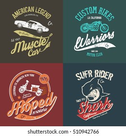 Vintage American muscle car and custom motorcycle motor club grunge t-shirt tee print vector artwork illustration set. Retro wild shark t-shirt logo concept. NY Brooklyn moped handmade t-shirt emblem.