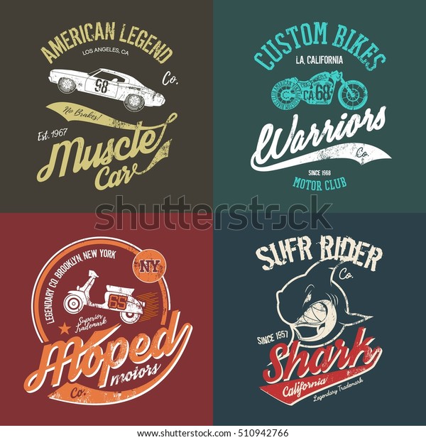 Vintage American muscle car and custom motorcycle\
motor club grunge t-shirt tee print vector artwork illustration\
set. Retro wild shark t-shirt logo concept. NY Brooklyn moped\
handmade t-shirt\
emblem.