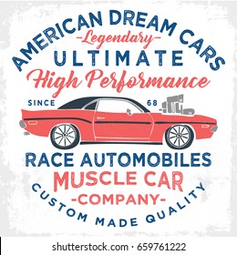 vintage american muscle car illustration, varsity graphics, vectors, typography