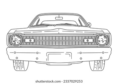 Vintage american muscle car line art frontal view vector illustration