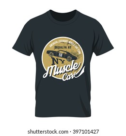 Vintage American muscle car old grunge effect tee print vector design illustration. Premium quality superior retro logo concept. NY shabby t-shirt mock up.