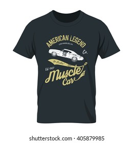 Vintage American muscle car old grunge effect tee print vector design illustration. Premium quality superior retro logo concept. Shabby t-shirt mock up.