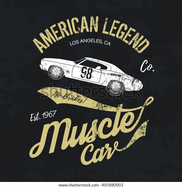Vintage American muscle car old grunge effect\
tee print vector design illustration. \
Premium quality superior\
retro logo concept.