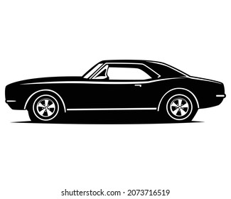 vintage american muscle car silhouette side view graphic illustration isolated black white