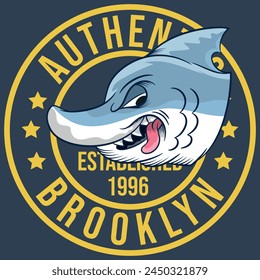 Vintage American old grunge effect tee print vector design. Premium quality superior shark retro logo concept. Shabby t-shirt and hoodie emblem.
