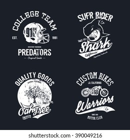 Vintage American old grunge effect tee print vector design illustration set. Premium quality superior helmet, shark, oak, bike retro logo concept. Sports team, trademark shabby t-shirt emblem.